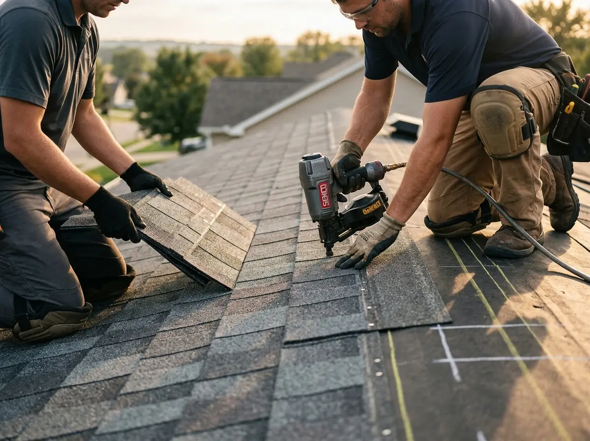 Professional roofer working on a residential roof in North Little Rock
